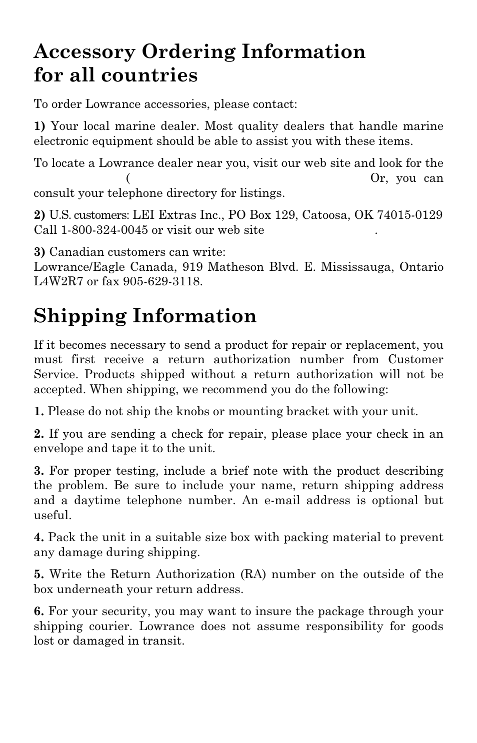 Accessory ordering information for all countries, Shipping information | Lowrance electronic LVR-850 User Manual | Page 39 / 40