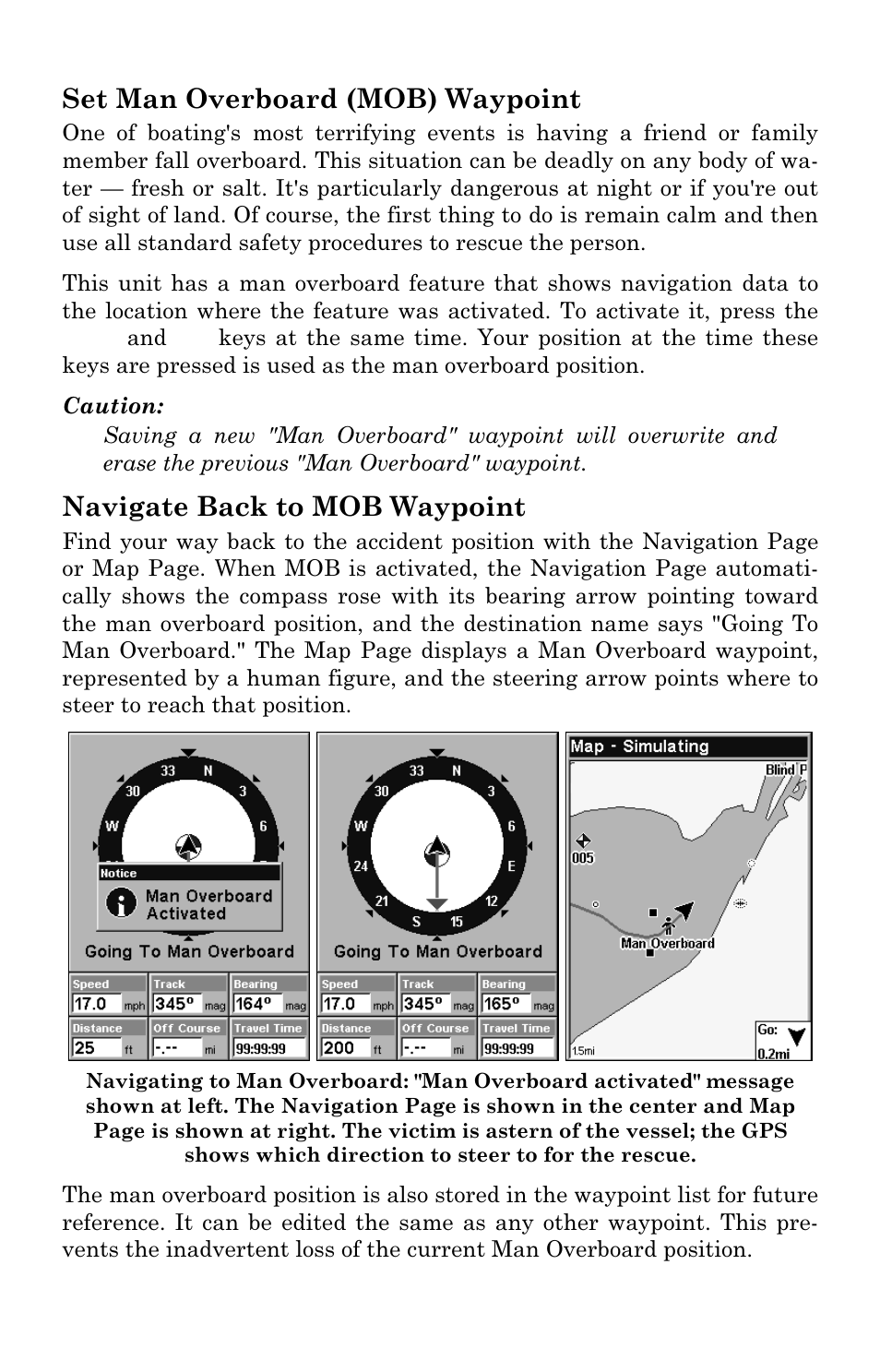Set man overboard (mob) waypoint, Navigate back to mob waypoint | Lowrance electronic LMS 335C DF User Manual | Page 128 / 216