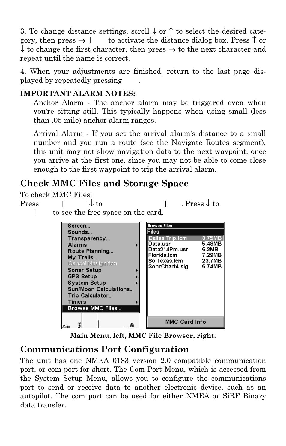 Check mmc files and storage space, Communications port configuration | Lowrance electronic LMS 335C DF User Manual | Page 154 / 216