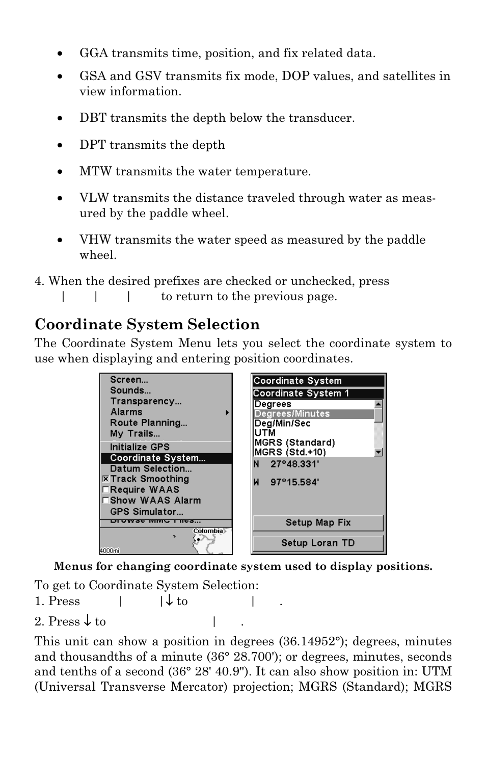 Coordinate system selection | Lowrance electronic LMS 335C DF User Manual | Page 156 / 216