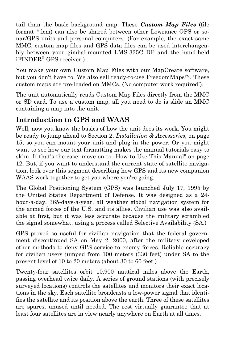 Introduction to gps and waas | Lowrance electronic LMS 335C DF User Manual | Page 16 / 216