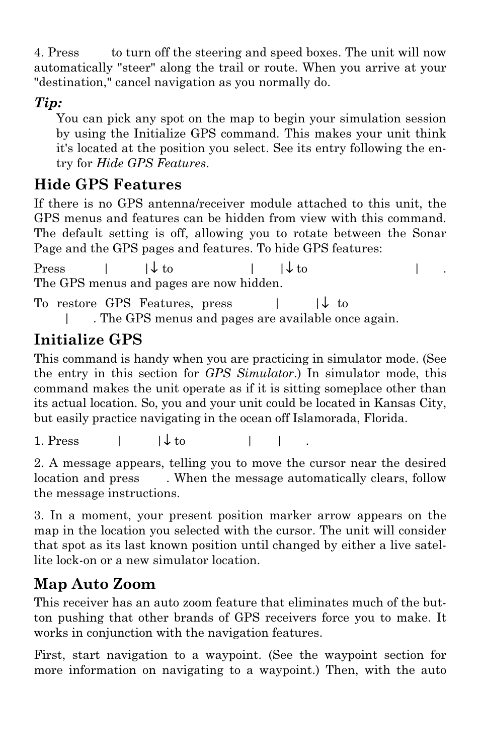 Hide gps features, Initialize gps, Map auto zoom | Lowrance electronic LMS 335C DF User Manual | Page 161 / 216