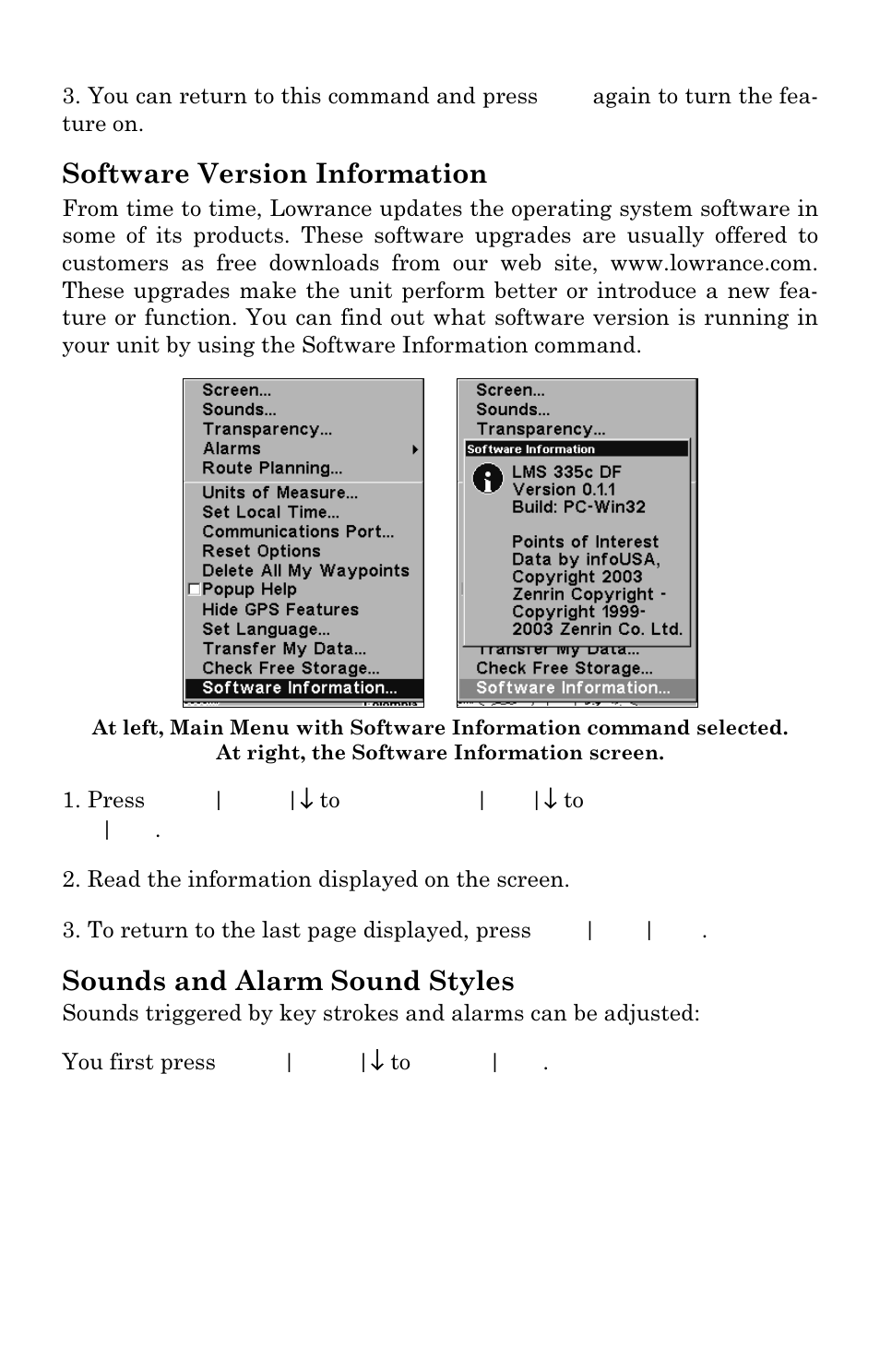 Software version information, Sounds and alarm sound styles | Lowrance electronic LMS 335C DF User Manual | Page 176 / 216