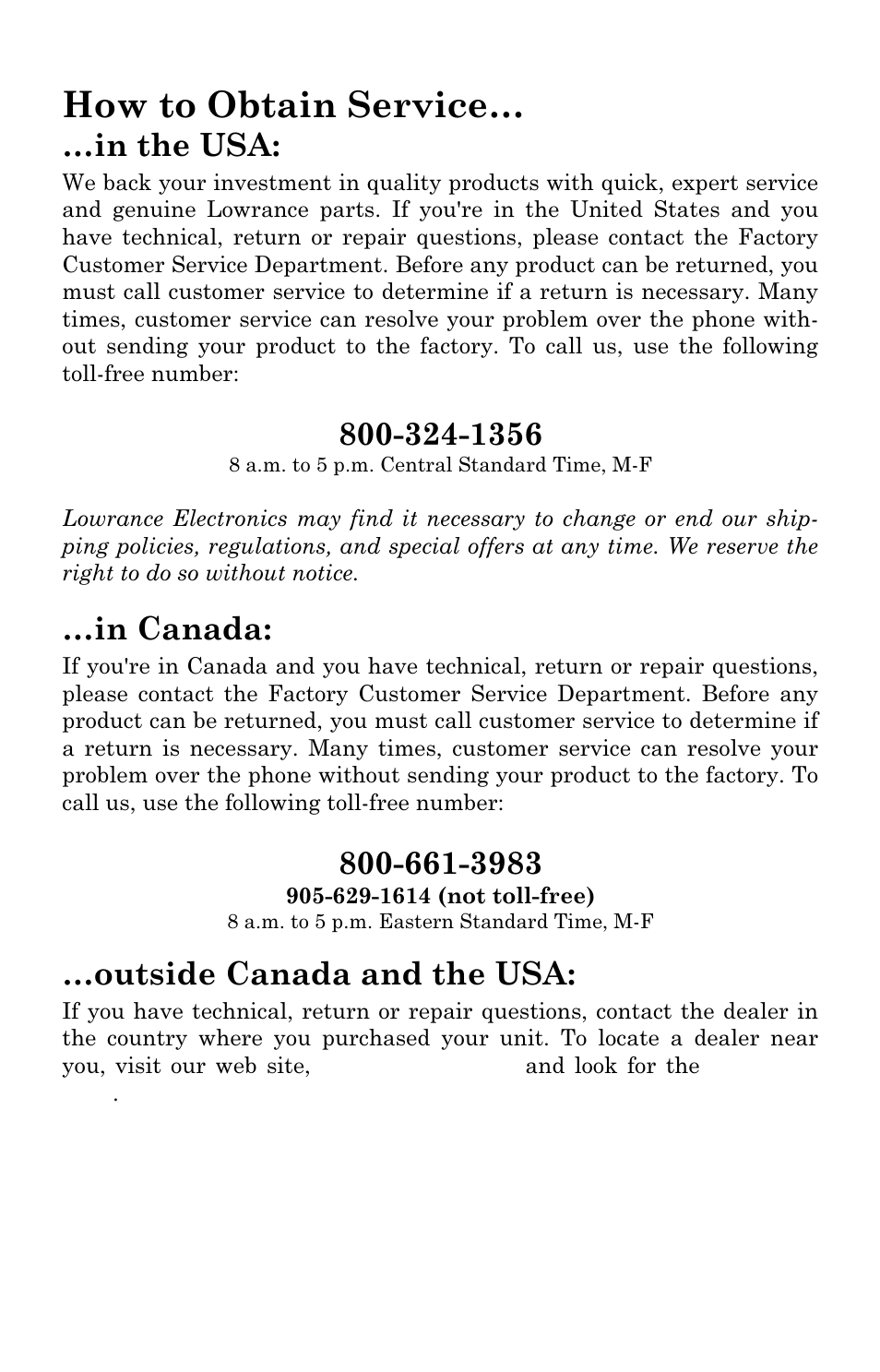 How to obtain service, Outside canada and the usa | Lowrance electronic LMS 335C DF User Manual | Page 214 / 216