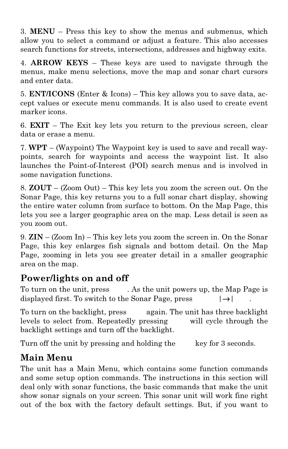 Power/lights on and off, Main menu | Lowrance electronic LMS 335C DF User Manual | Page 56 / 216