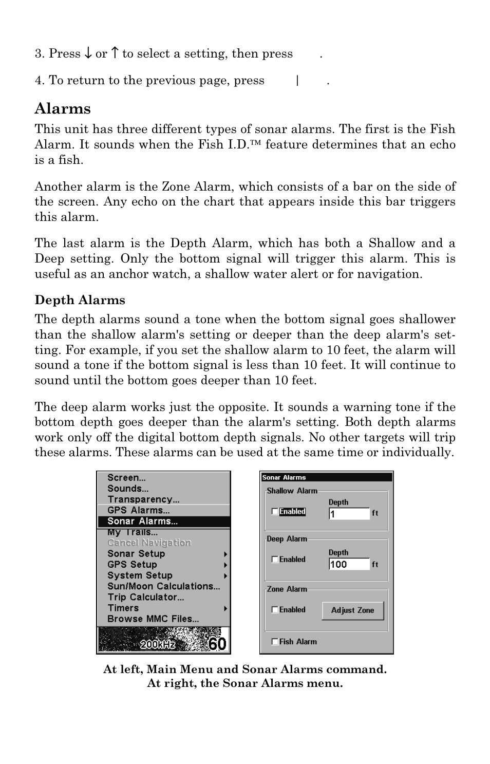 Alarms | Lowrance electronic LMS 335C DF User Manual | Page 68 / 216