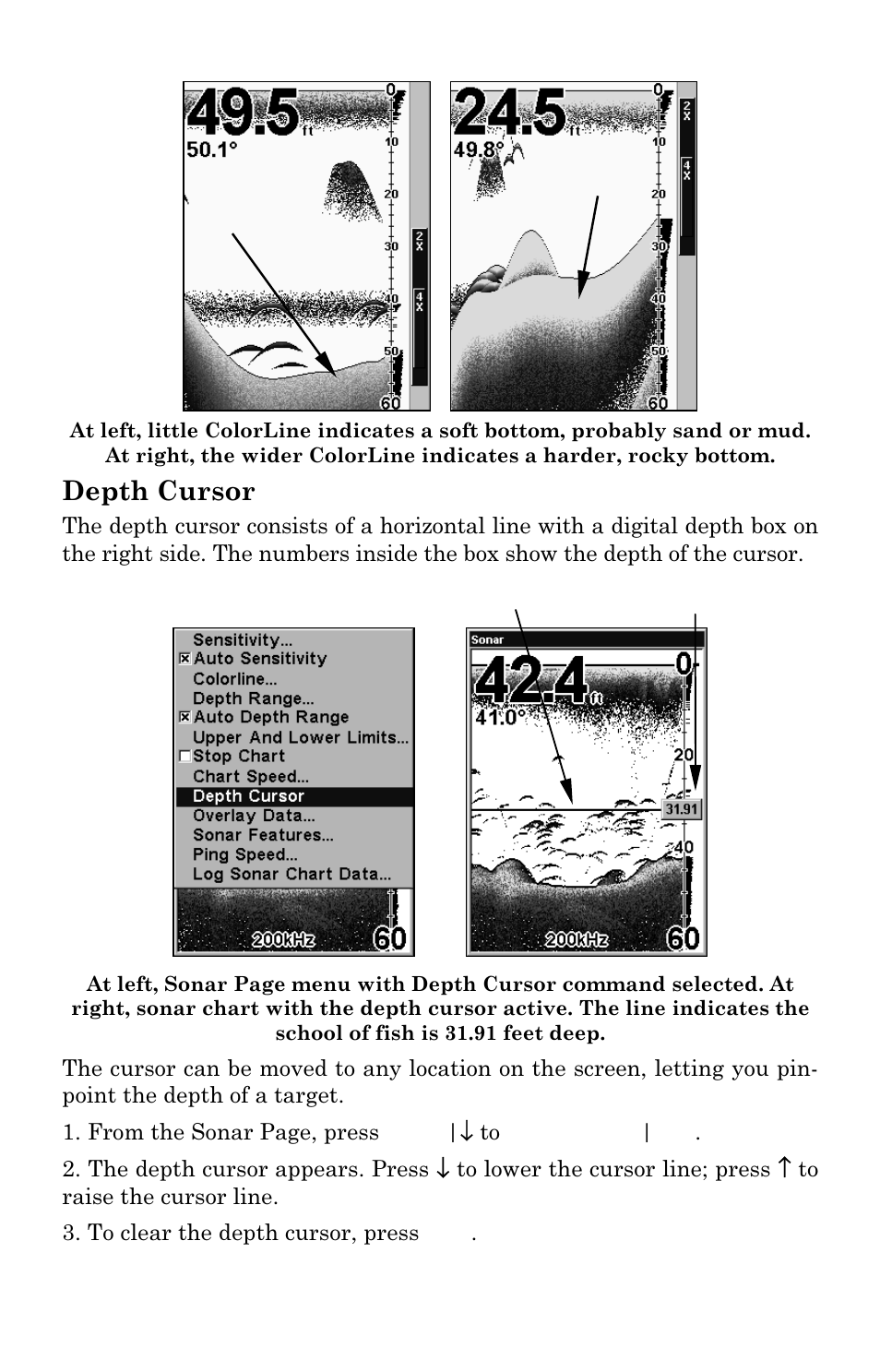 Depth cursor | Lowrance electronic LMS 335C DF User Manual | Page 74 / 216