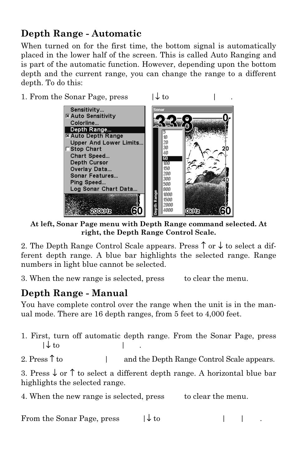 Depth range - automatic, Depth range - manual | Lowrance electronic LMS 335C DF User Manual | Page 75 / 216