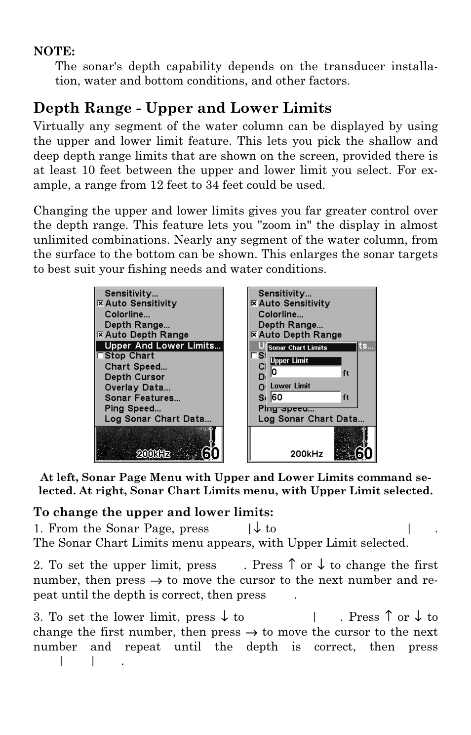 Depth range - upper and lower limits | Lowrance electronic LMS 335C DF User Manual | Page 76 / 216