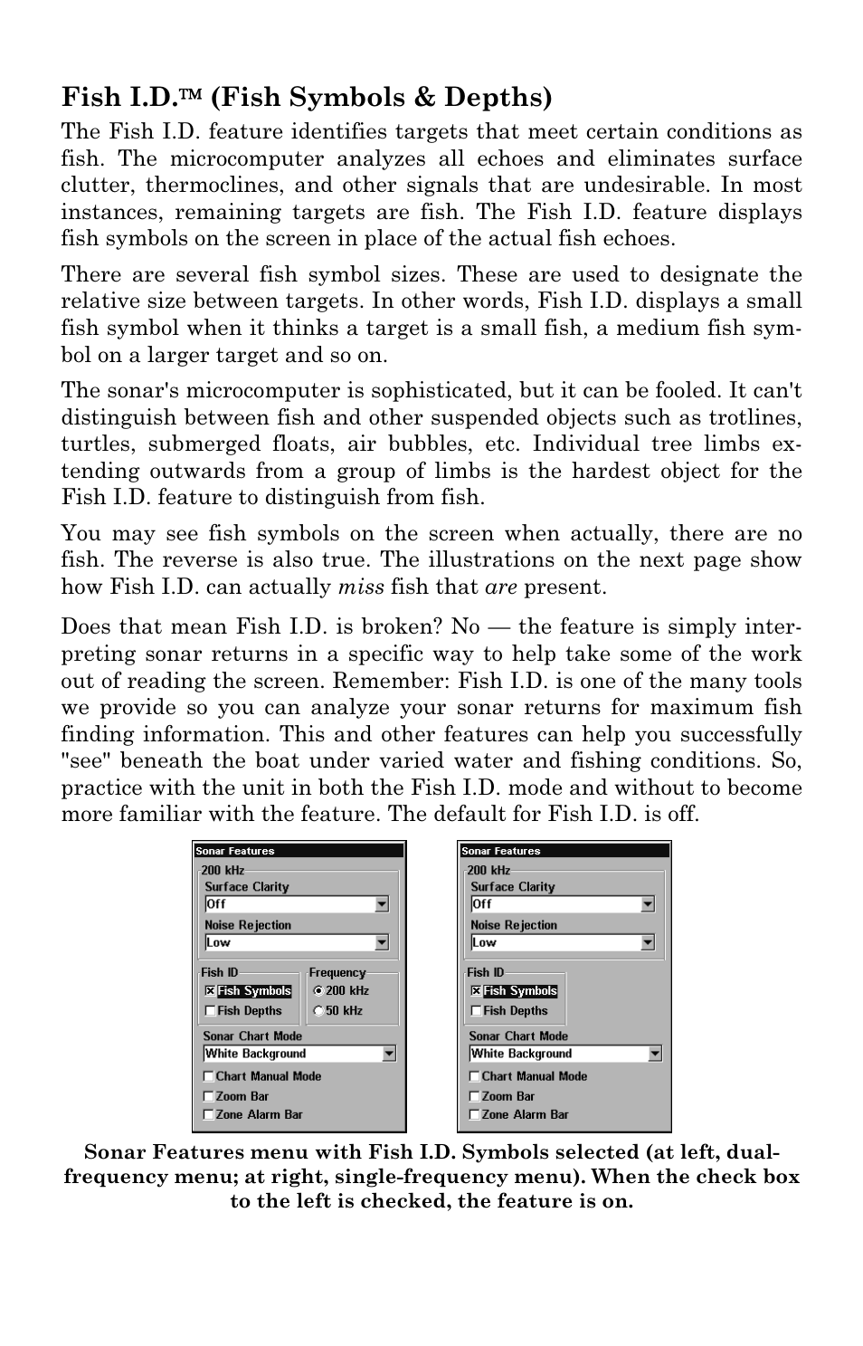 Fish i.d.  (fish symbols & depths) | Lowrance electronic LMS 335C DF User Manual | Page 78 / 216