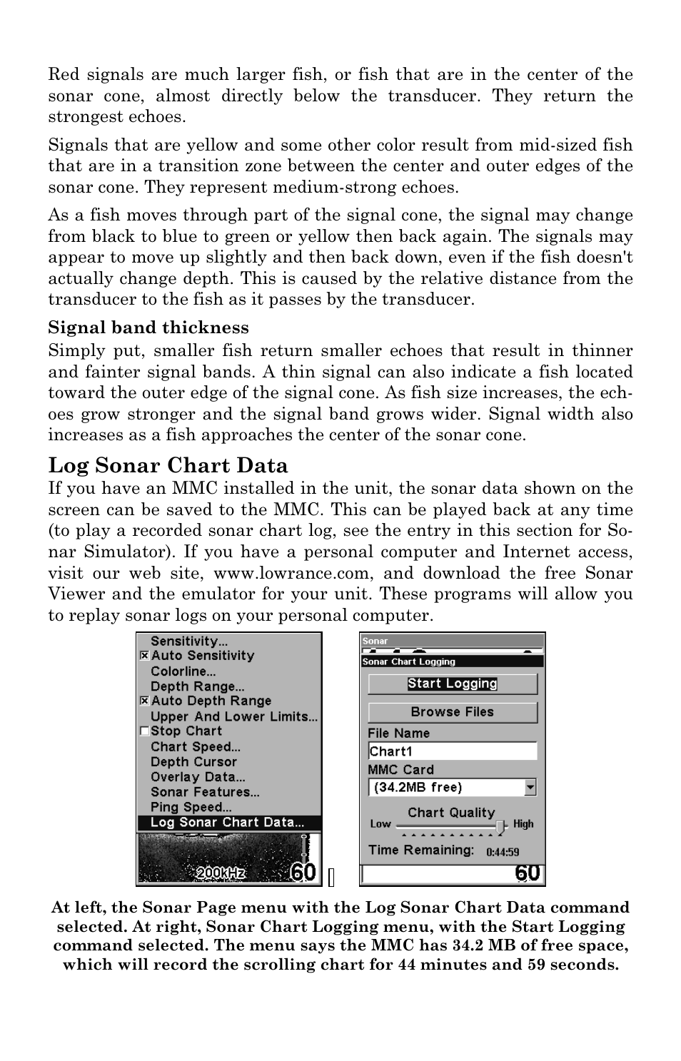 Log sonar chart data | Lowrance electronic LMS 335C DF User Manual | Page 82 / 216