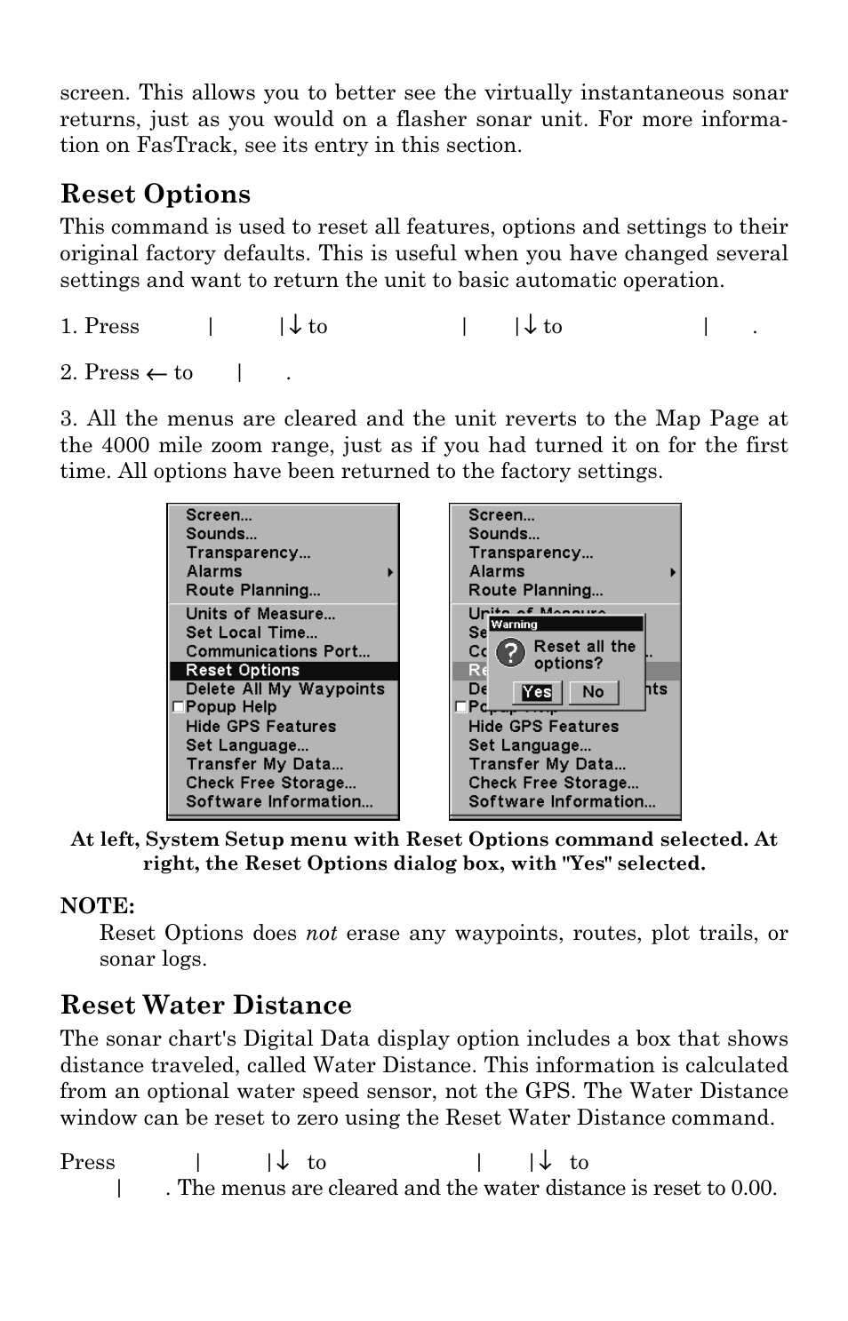 Reset options, Reset water distance | Lowrance electronic LMS 335C DF User Manual | Page 87 / 216