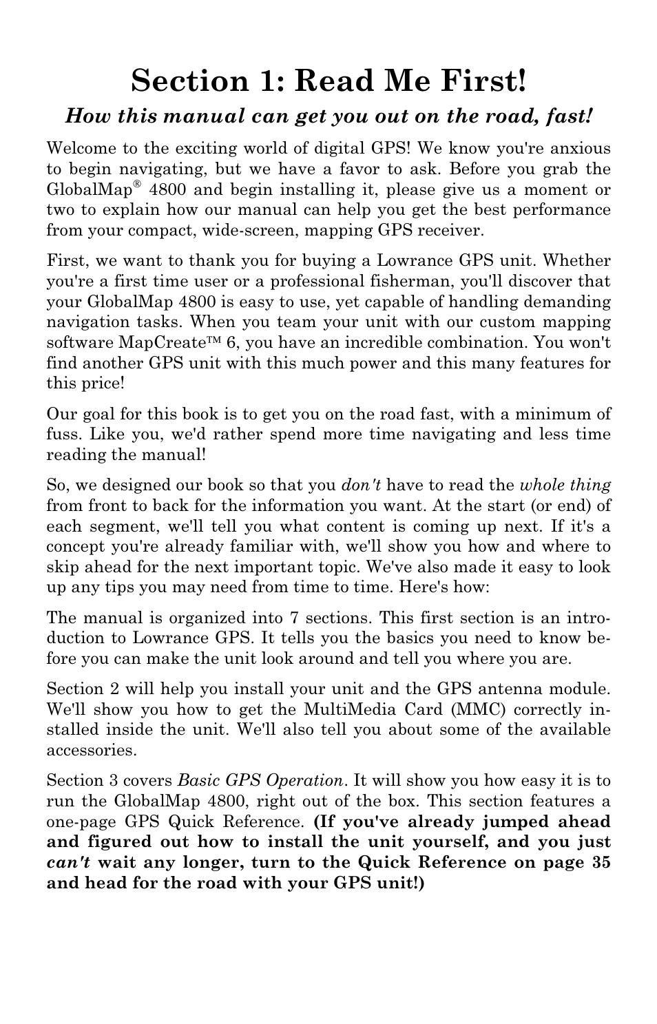 How this manual can get you out on the road, fast | Lowrance electronic GlobalMap 4800M User Manual | Page 7 / 132