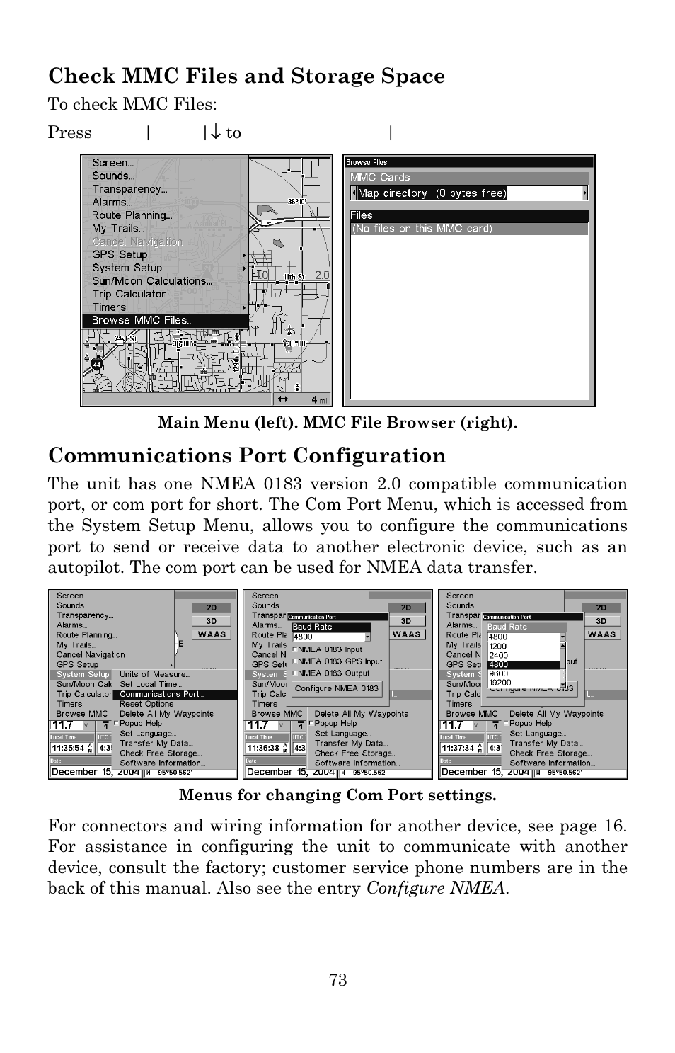 Check mmc files and storage space, Communications port configuration | Lowrance electronic Lowrance GlobalMap Baja 480C User Manual | Page 79 / 140