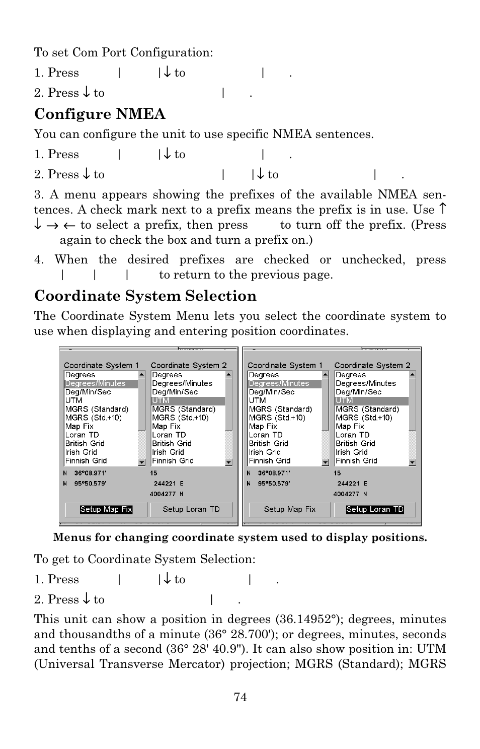 Configure nmea, Coordinate system selection | Lowrance electronic Lowrance GlobalMap Baja 480C User Manual | Page 80 / 140