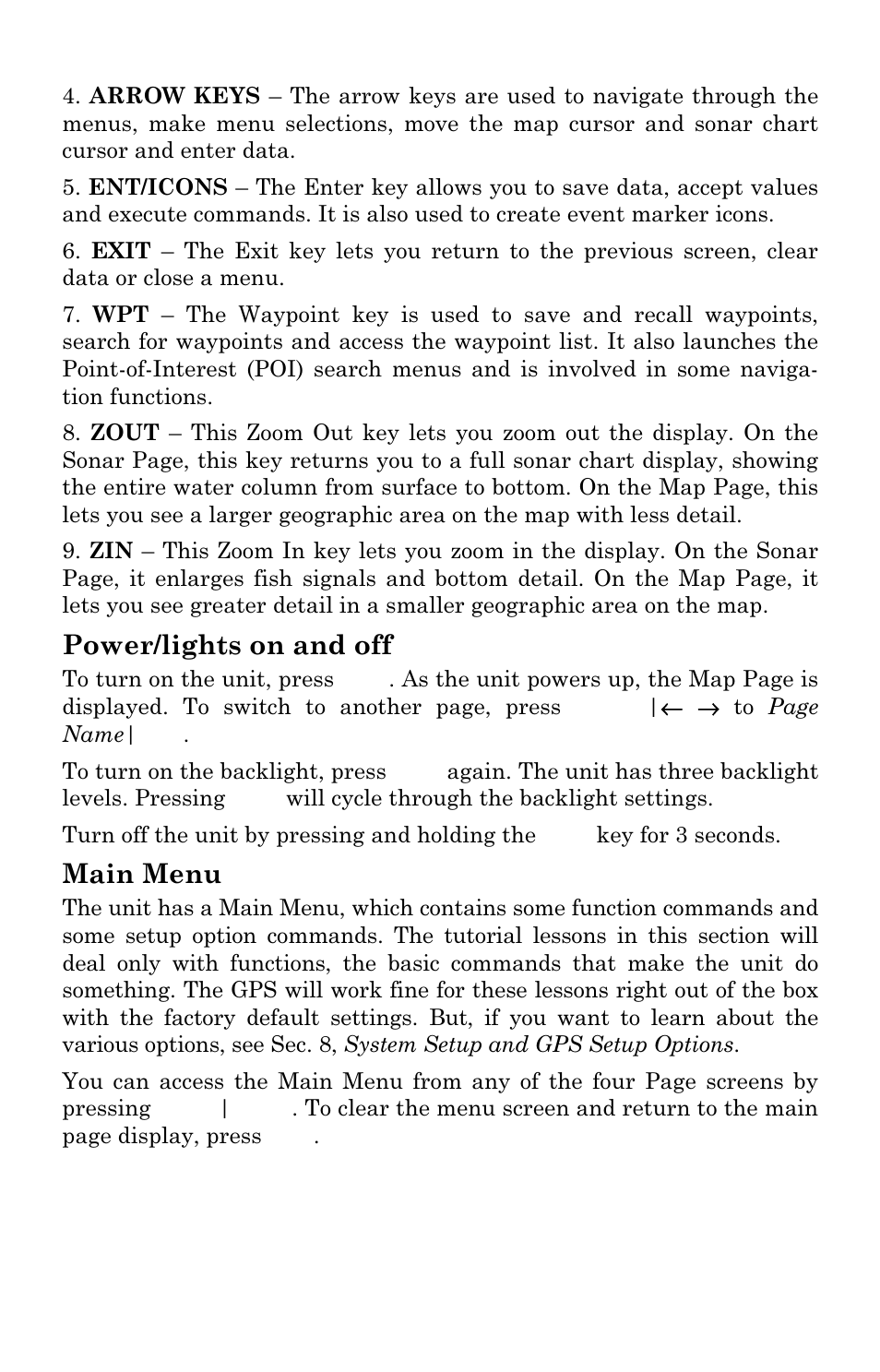 Power/lights on and off, Main menu | Lowrance electronic LMS-334c iGPS User Manual | Page 104 / 204
