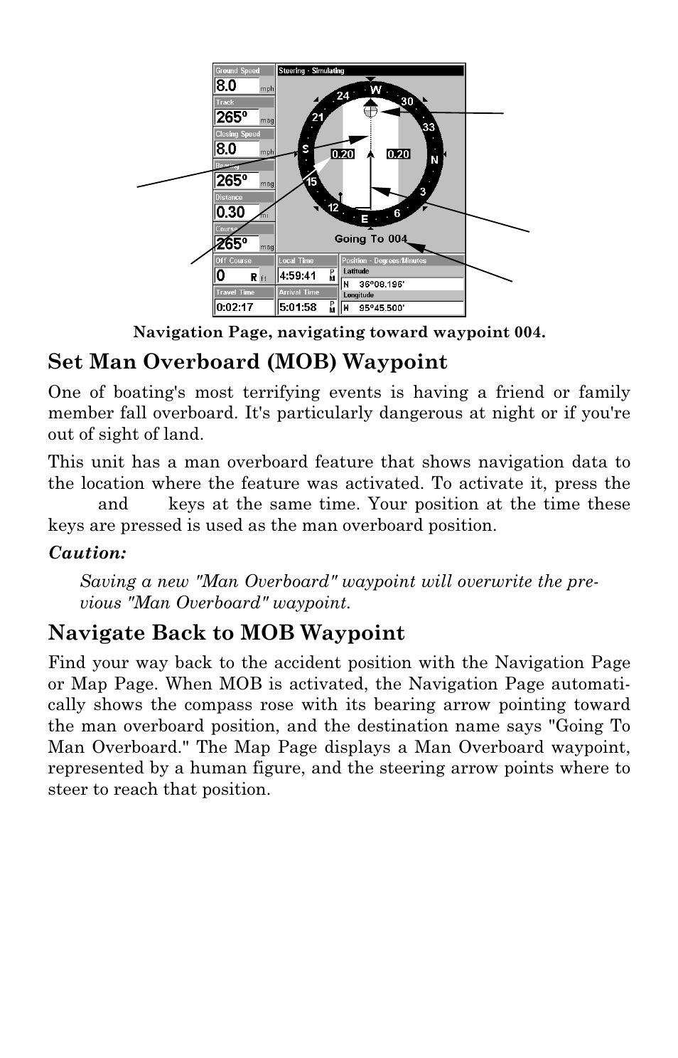 Set man overboard (mob) waypoint, Navigate back to mob waypoint | Lowrance electronic LMS-334c iGPS User Manual | Page 123 / 204