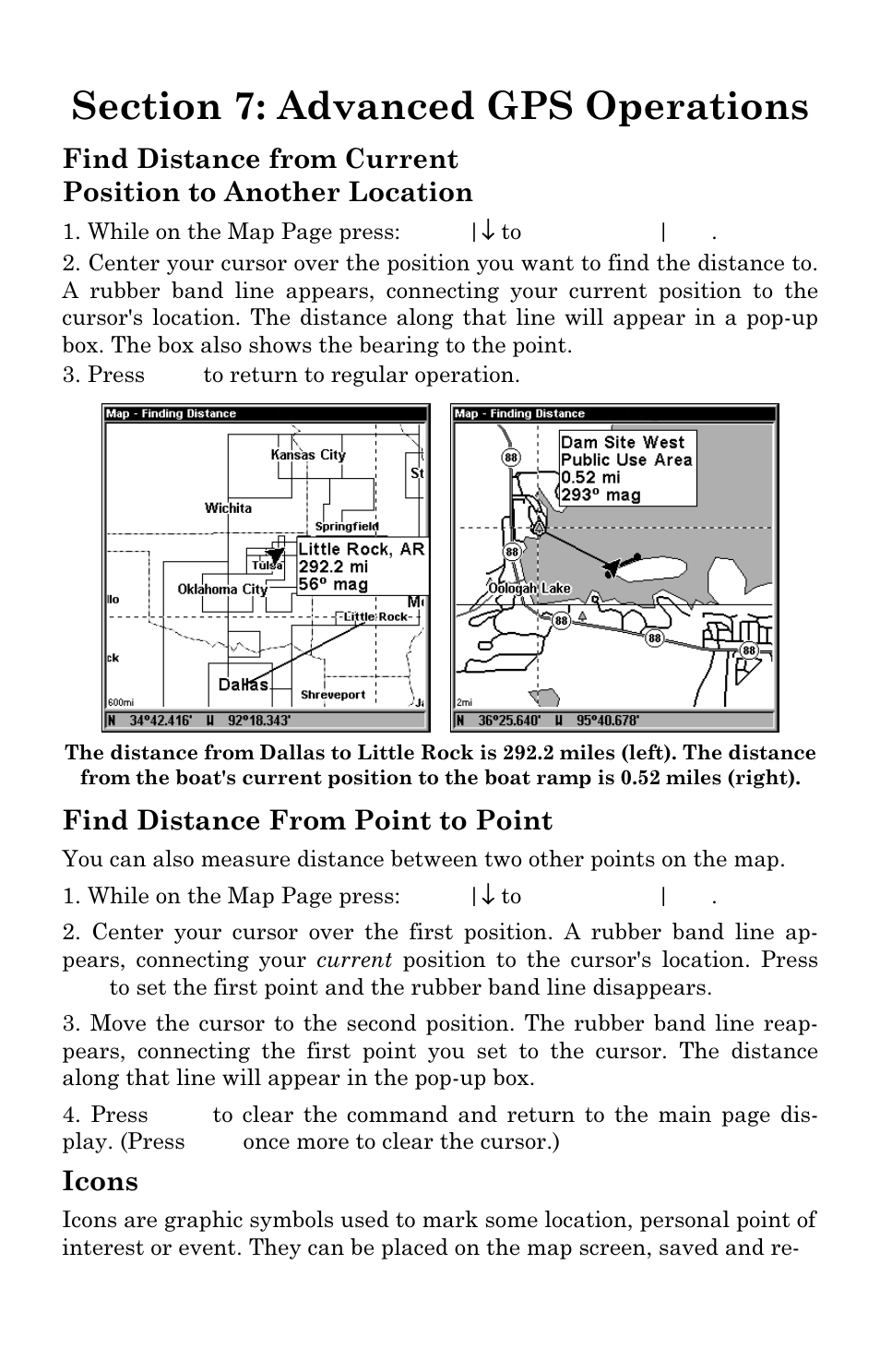 Find distance from point to point, Icons | Lowrance electronic LMS-334c iGPS User Manual | Page 135 / 204