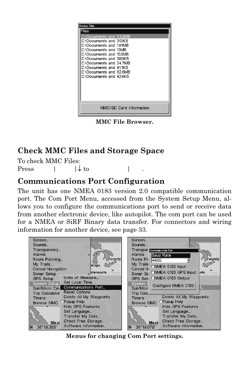 Check mmc files and storage space, Communications port configuration | Lowrance electronic LMS-334c iGPS User Manual | Page 152 / 204