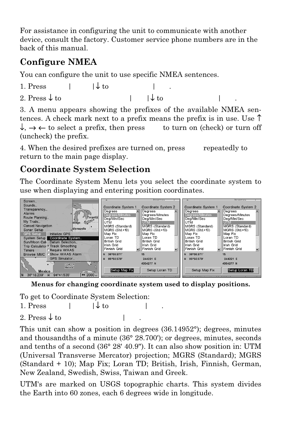 Configure nmea, Coordinate system selection | Lowrance electronic LMS-334c iGPS User Manual | Page 153 / 204