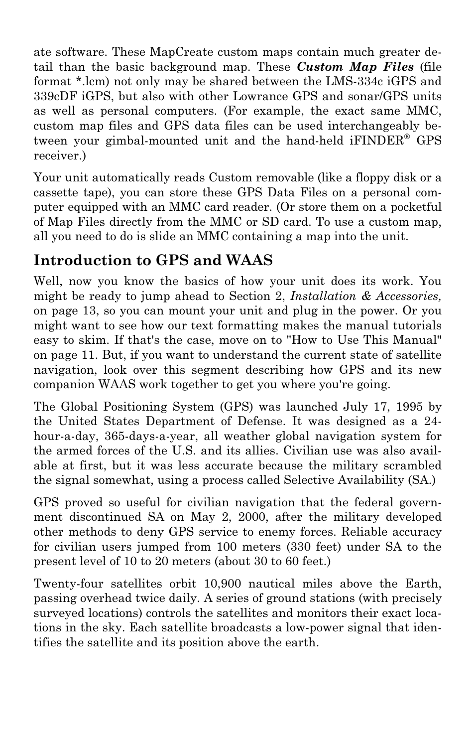 Introduction to gps and waas | Lowrance electronic LMS-334c iGPS User Manual | Page 16 / 204