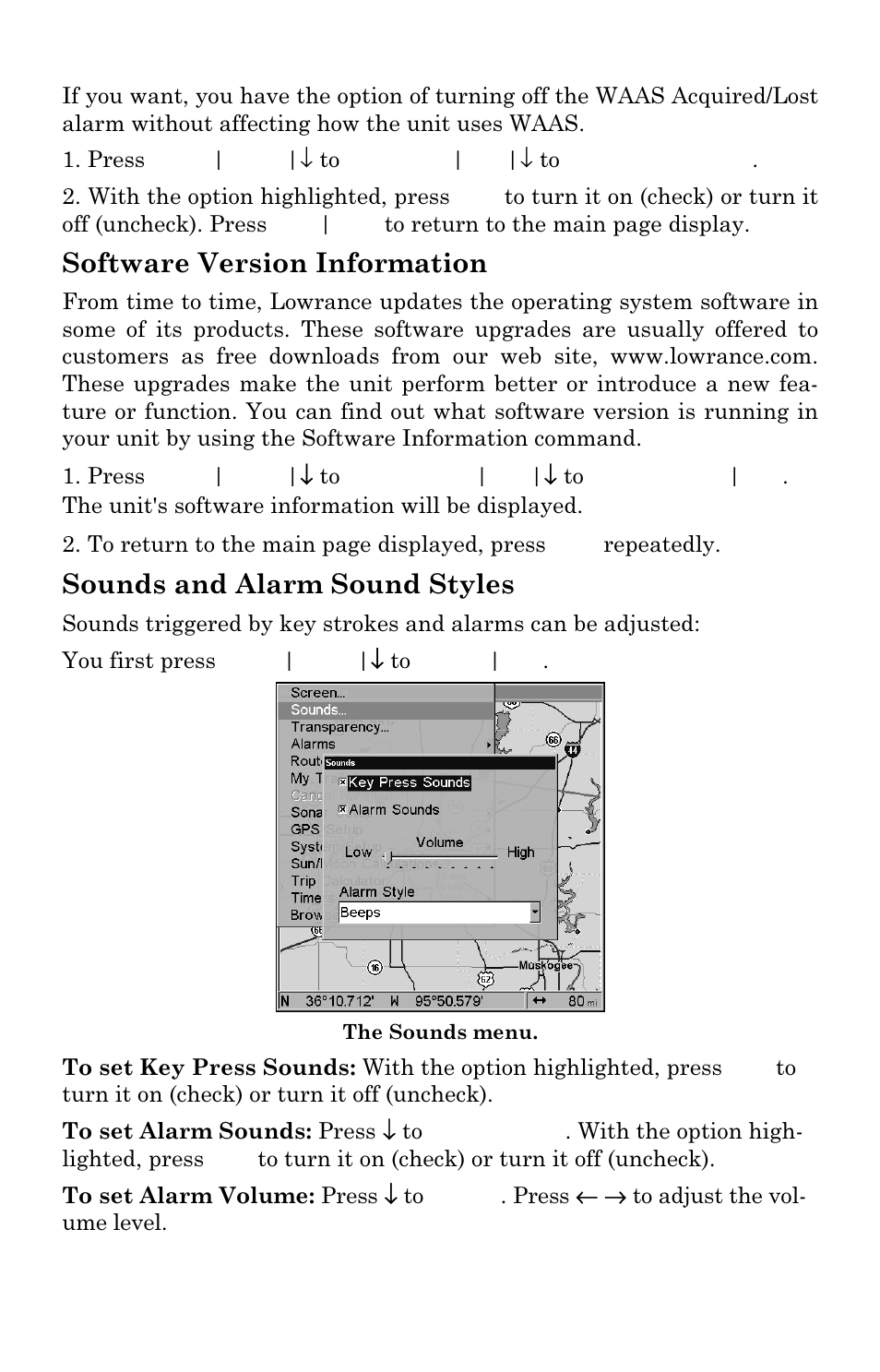 Software version information, Sounds and alarm sound styles | Lowrance electronic LMS-334c iGPS User Manual | Page 177 / 204