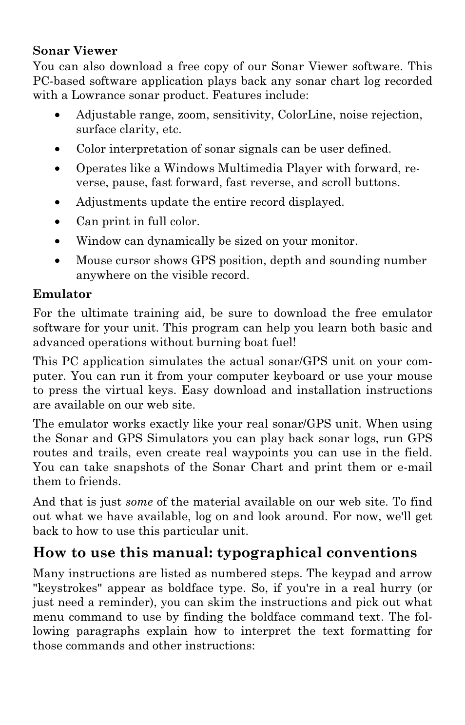 How to use this manual: typographical conventions | Lowrance electronic LMS-334c iGPS User Manual | Page 19 / 204