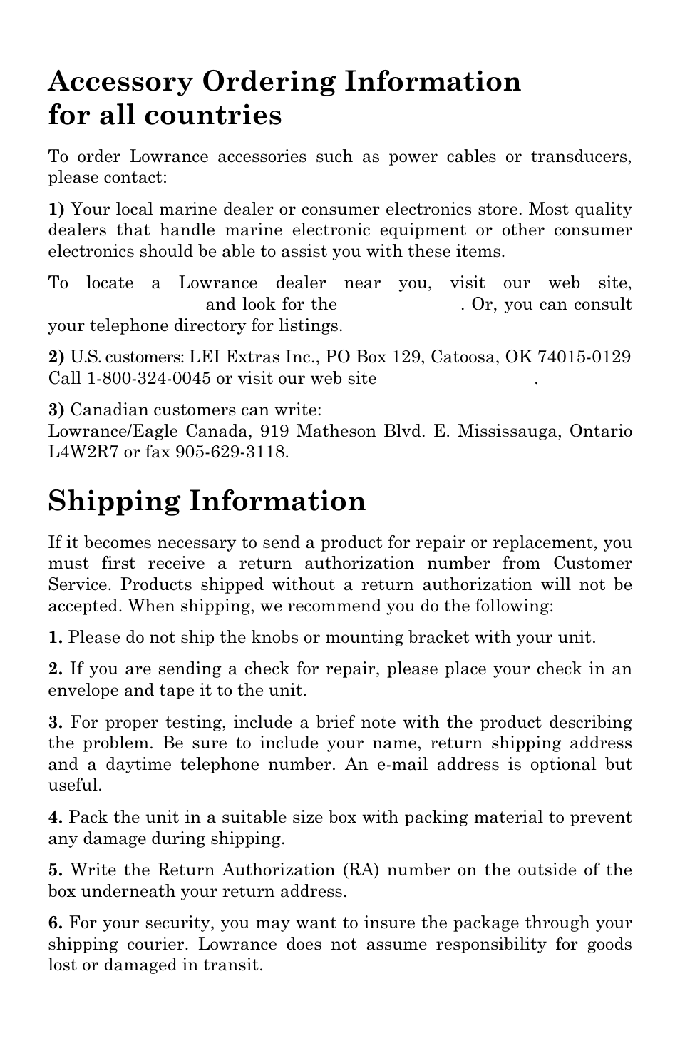 Accessory ordering information for all countries, Shipping information | Lowrance electronic LMS-334c iGPS User Manual | Page 203 / 204