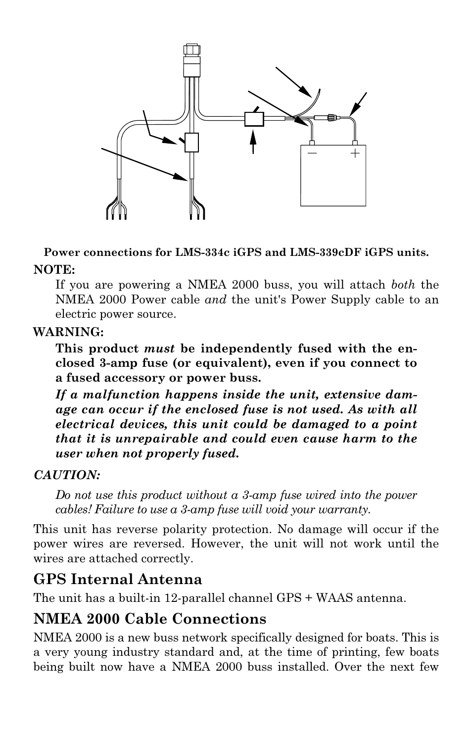 Gps internal antenna, Nmea 2000 cable connections | Lowrance electronic LMS-334c iGPS User Manual | Page 40 / 204