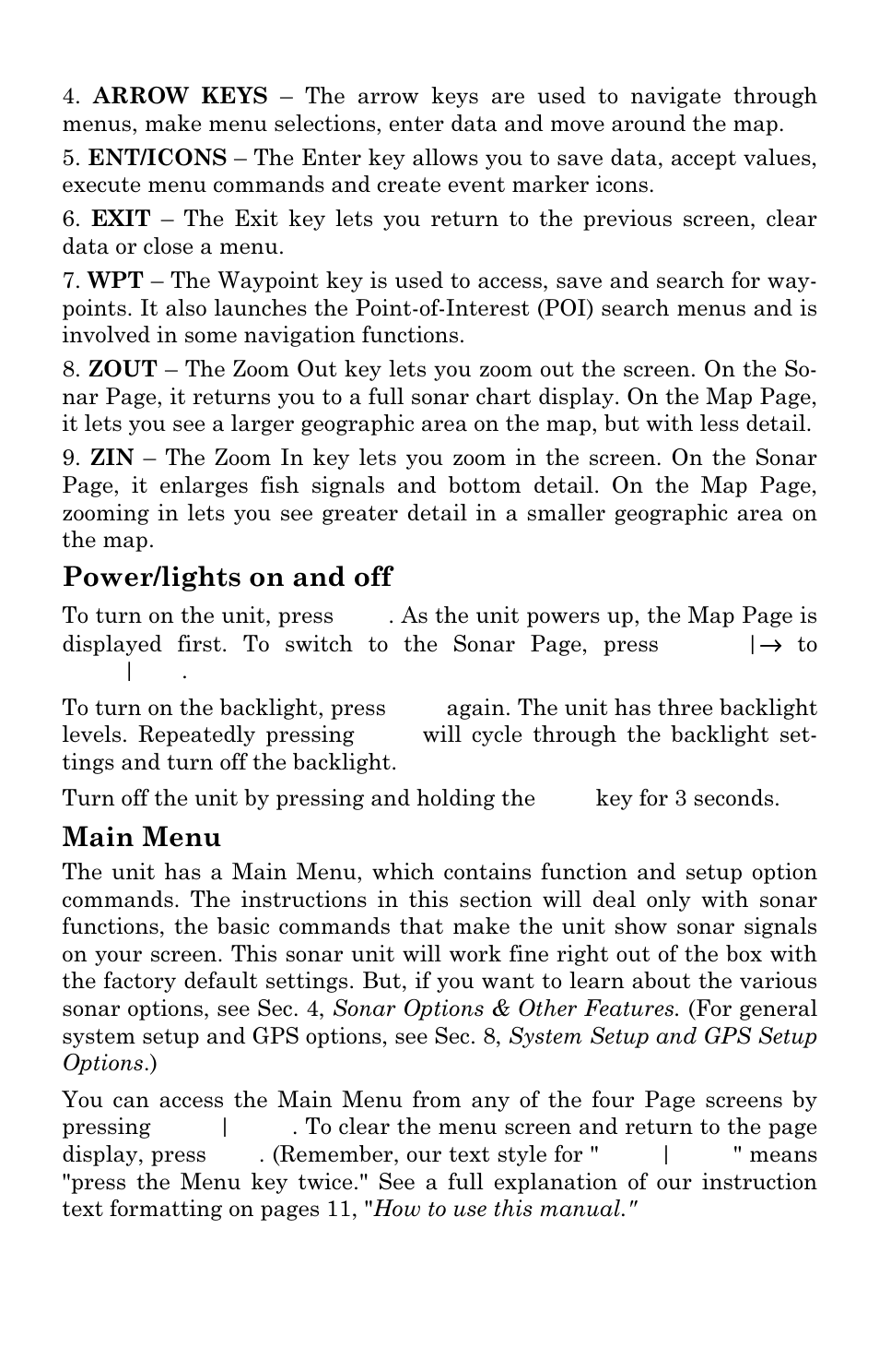 Power/lights on and off, Main menu | Lowrance electronic LMS-334c iGPS User Manual | Page 50 / 204