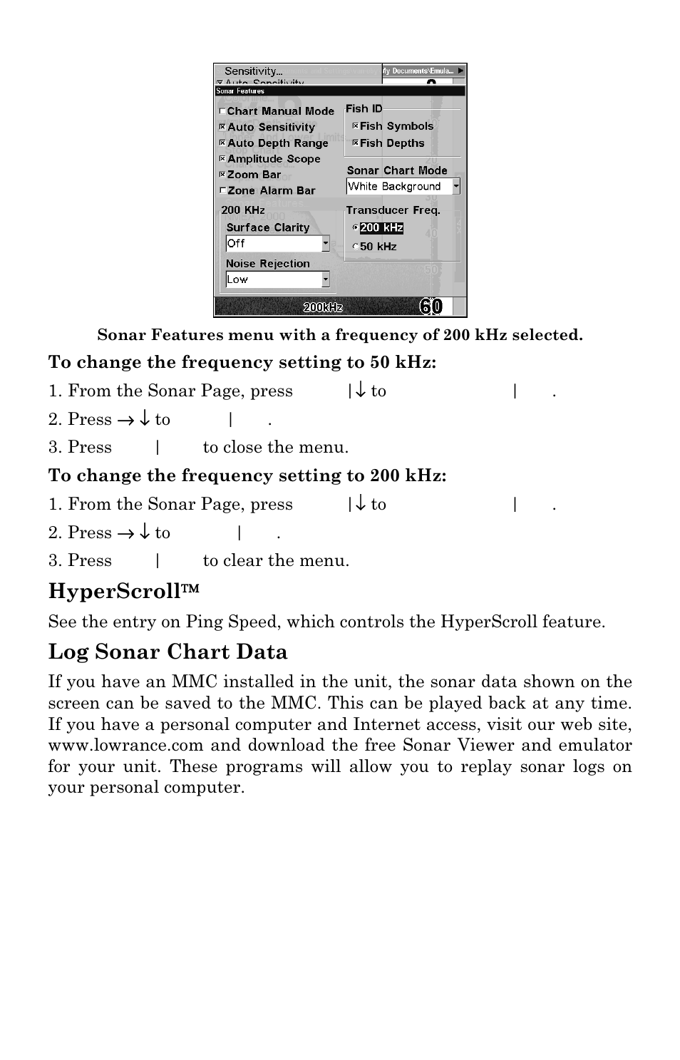 Hyperscroll, Log sonar chart data | Lowrance electronic LMS-334c iGPS User Manual | Page 77 / 204