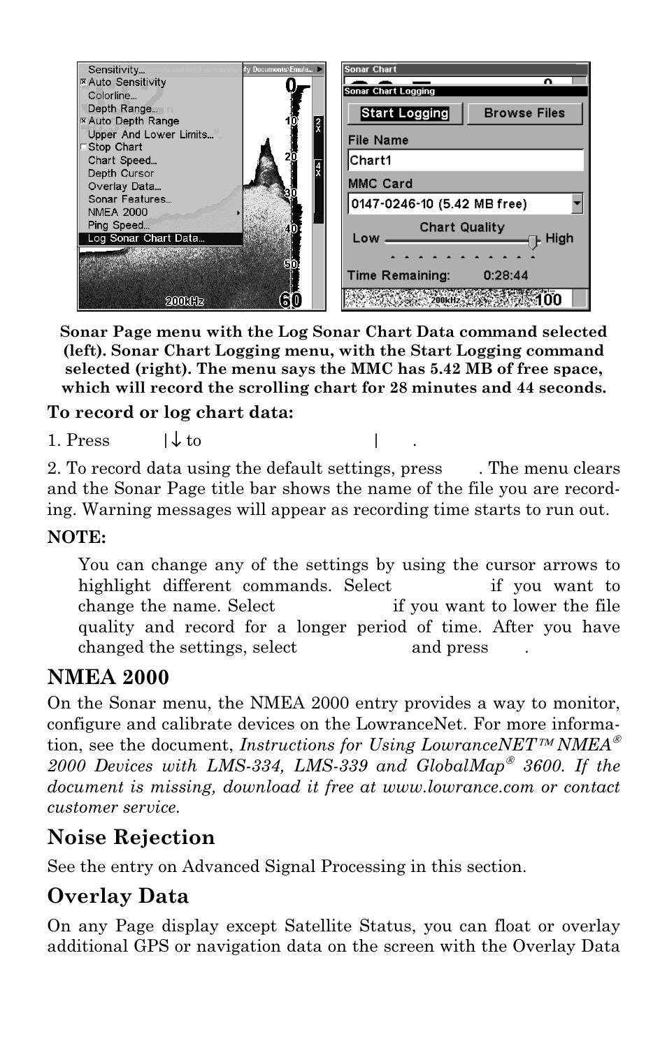 Nmea 2000, Noise rejection, Overlay data | Lowrance electronic LMS-334c iGPS User Manual | Page 78 / 204