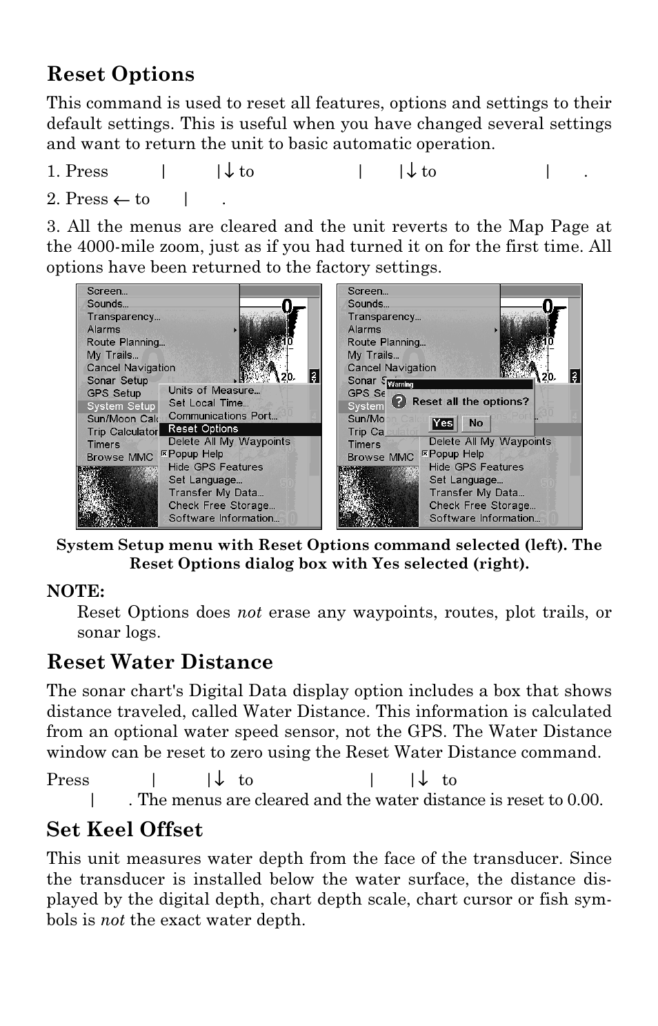 Reset options, Reset water distance, Set keel offset | Lowrance electronic LMS-334c iGPS User Manual | Page 84 / 204