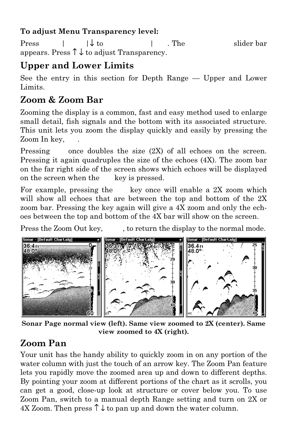 Upper and lower limits, Zoom & zoom bar, Zoom pan | Lowrance electronic LMS-334c iGPS User Manual | Page 97 / 204