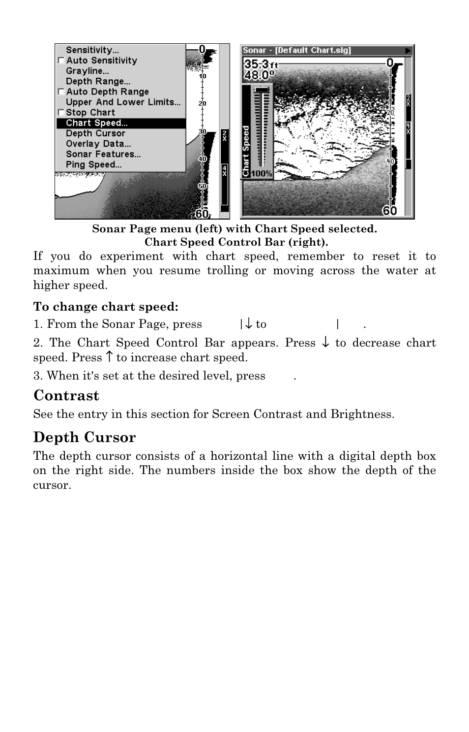 Contrast, Depth cursor | Lowrance electronic X96 User Manual | Page 50 / 84