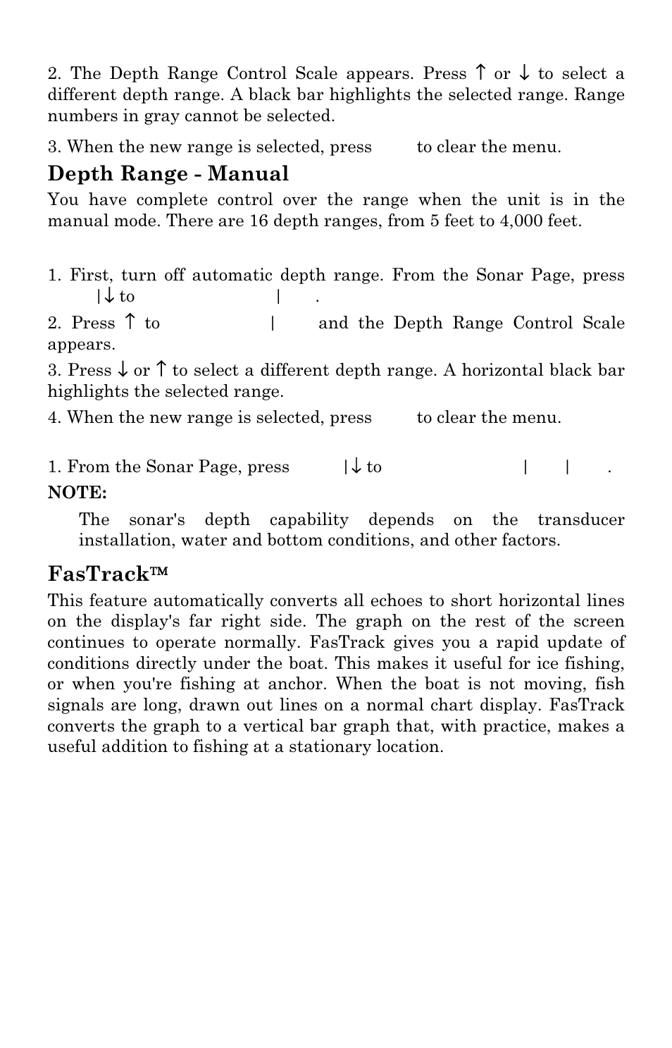 Depth range - manual, Fastrack | Lowrance electronic X96 User Manual | Page 52 / 84