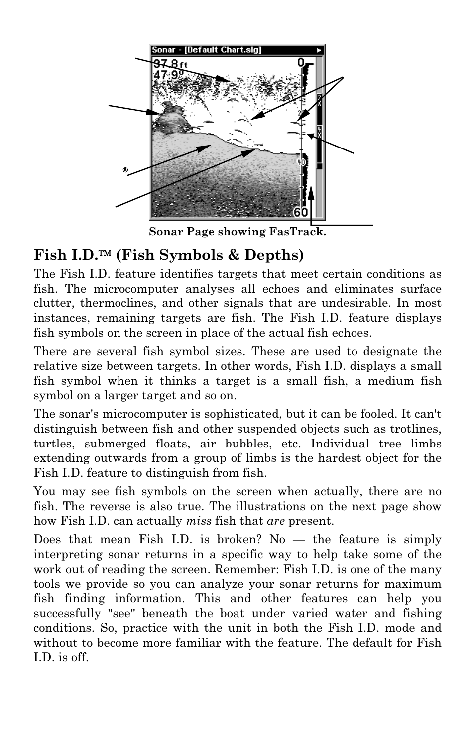 Fish i.d.  (fish symbols & depths) | Lowrance electronic X96 User Manual | Page 53 / 84