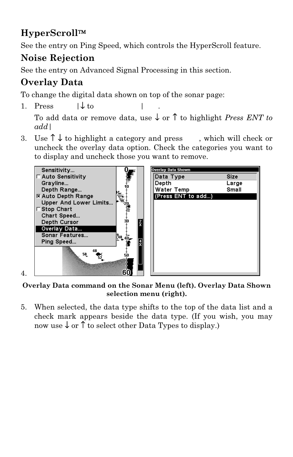 Hyperscroll, Noise rejection, Overlay data | Lowrance electronic X96 User Manual | Page 59 / 84