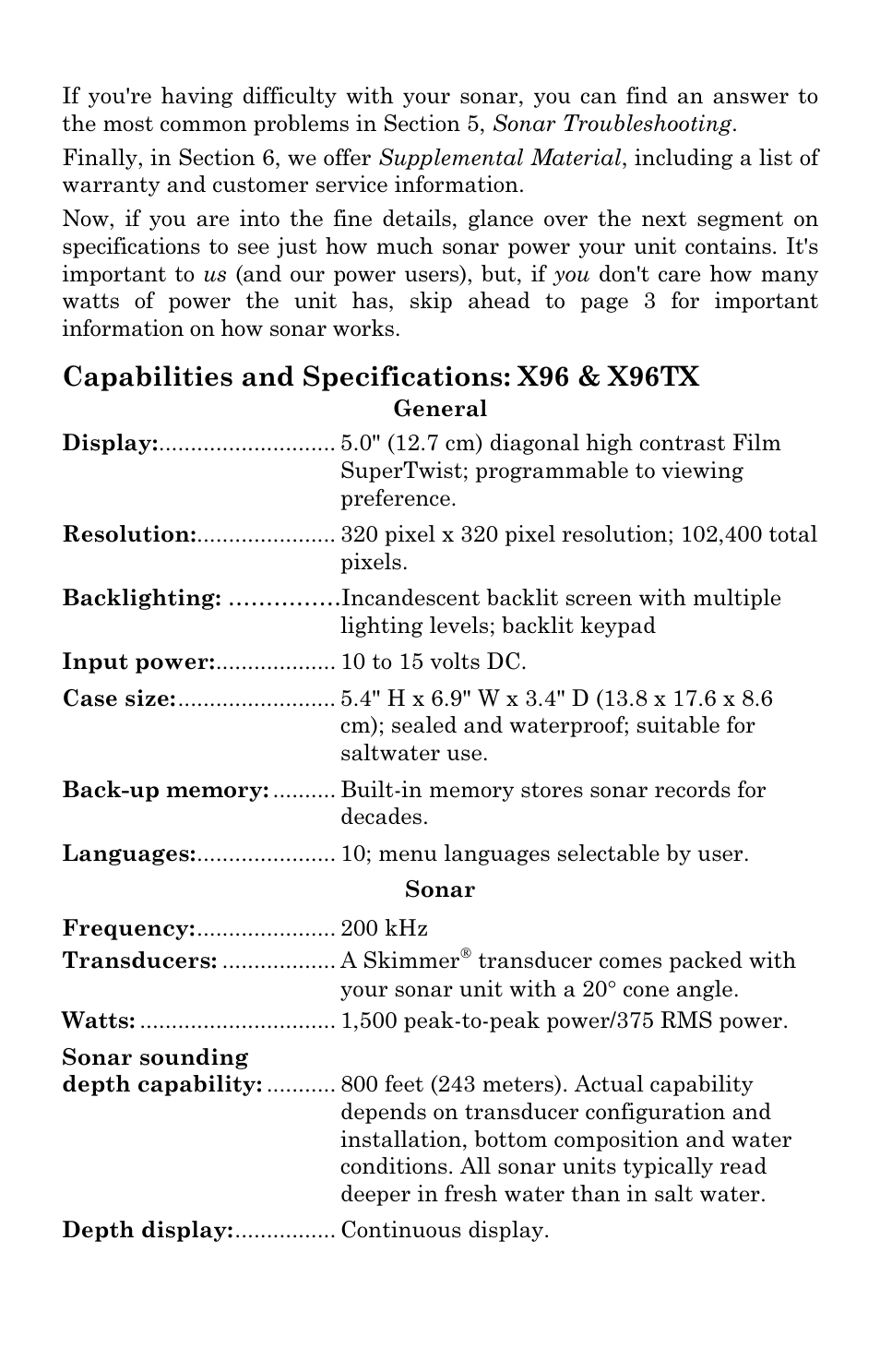 Capabilities and specifications: x96 & x96tx | Lowrance electronic X96 User Manual | Page 8 / 84