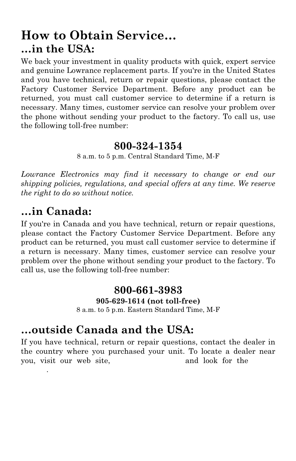 How to obtain service, Outside canada and the usa | Lowrance electronic X96 User Manual | Page 82 / 84