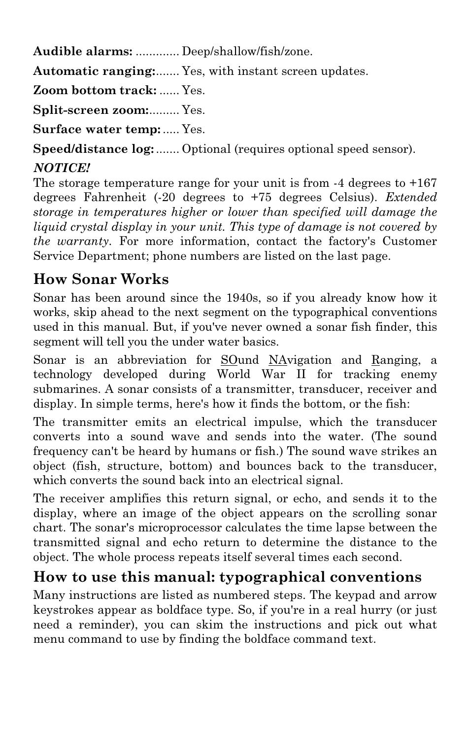 How sonar works, How to use this manual: typographical conventions | Lowrance electronic X96 User Manual | Page 9 / 84