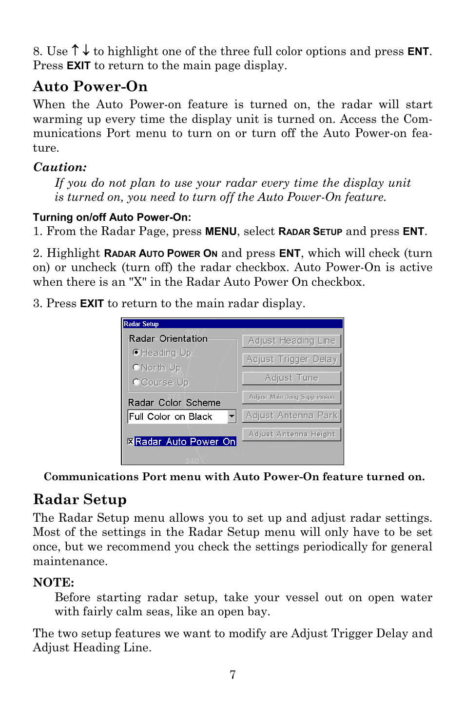 Auto power-on, Radar setup | Lowrance electronic LRA-2400 User Manual | Page 13 / 48