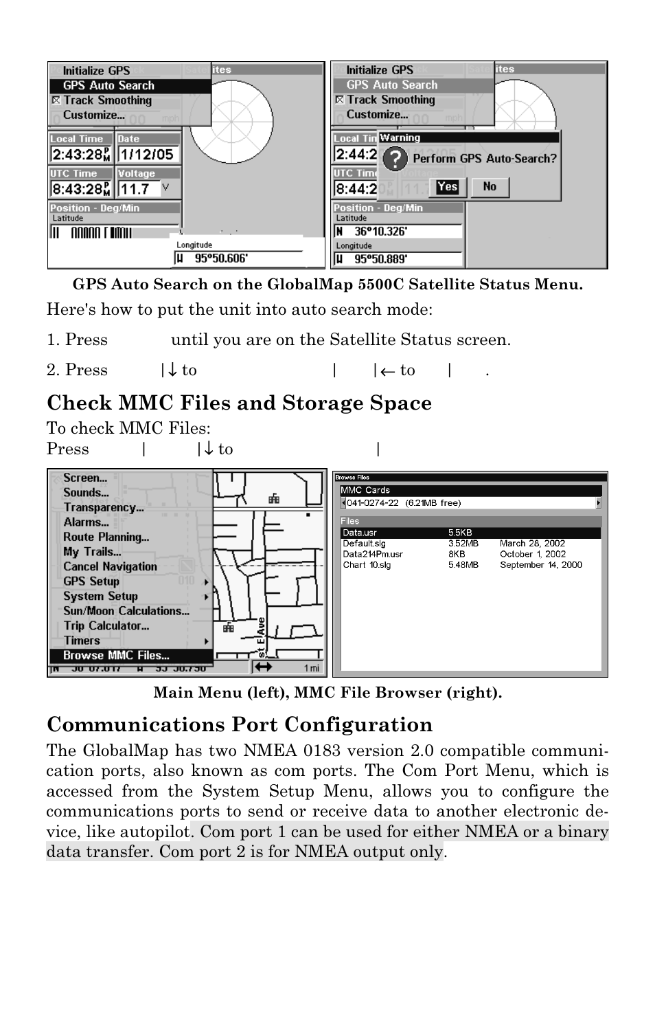 Check mmc files and storage space, Communications port configuration | Lowrance electronic 5500C User Manual | Page 77 / 136