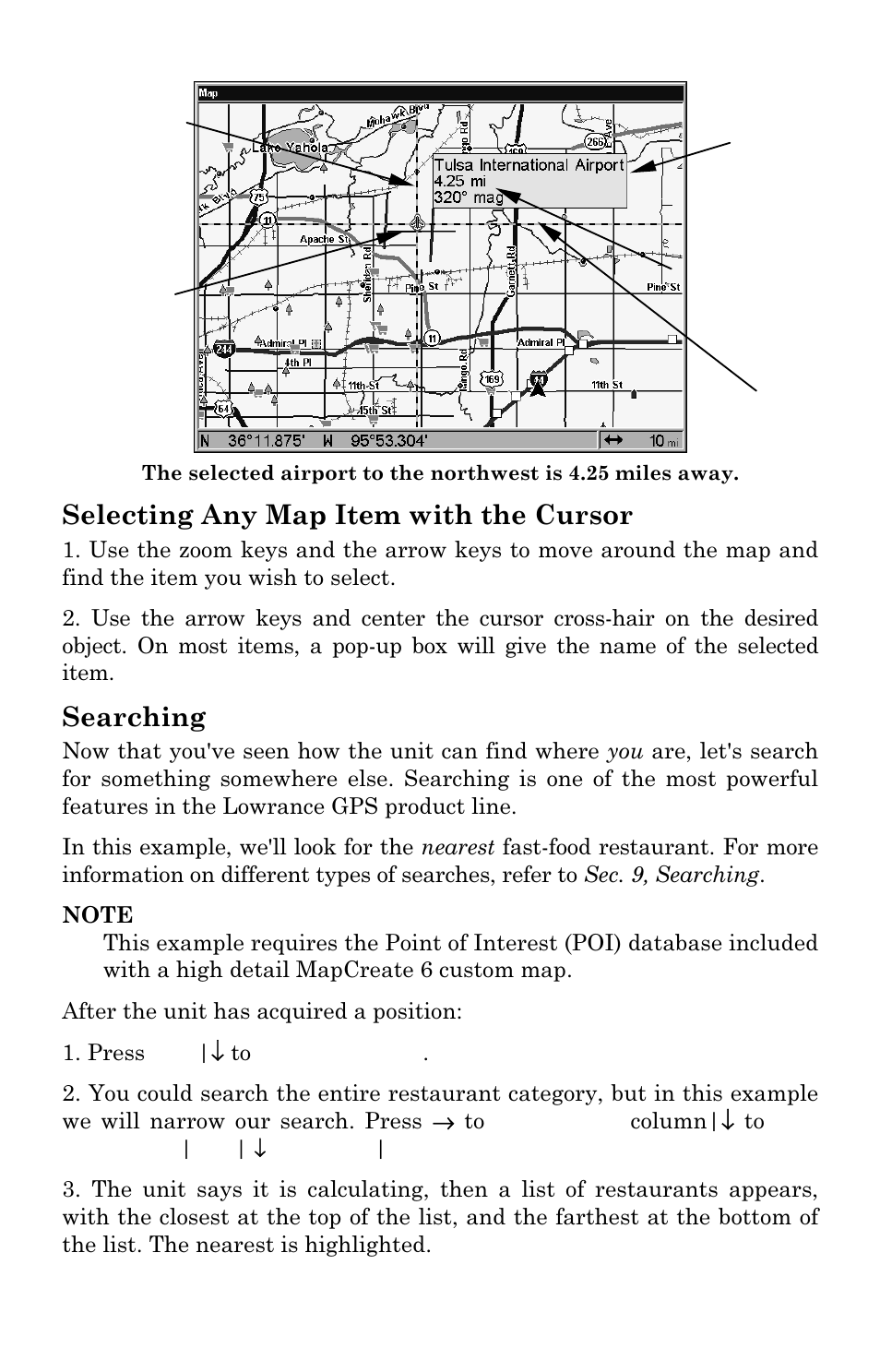 Selecting any map item with the cursor, Searching | Lowrance electronic LCX-111C User Manual | Page 117 / 208