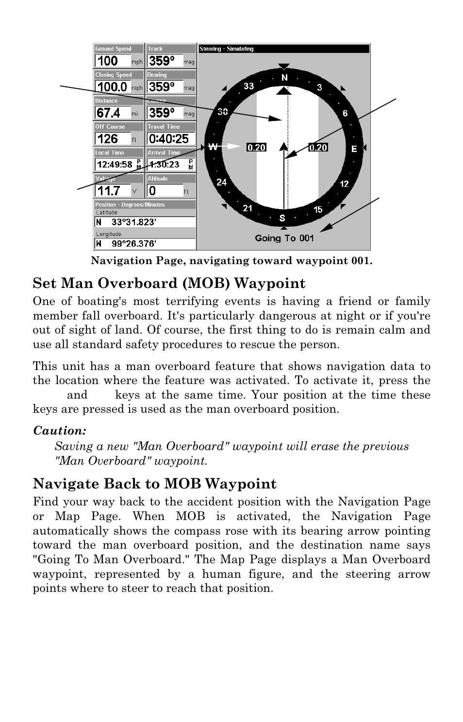 Set man overboard (mob) waypoint, Navigate back to mob waypoint | Lowrance electronic LCX-111C User Manual | Page 122 / 208
