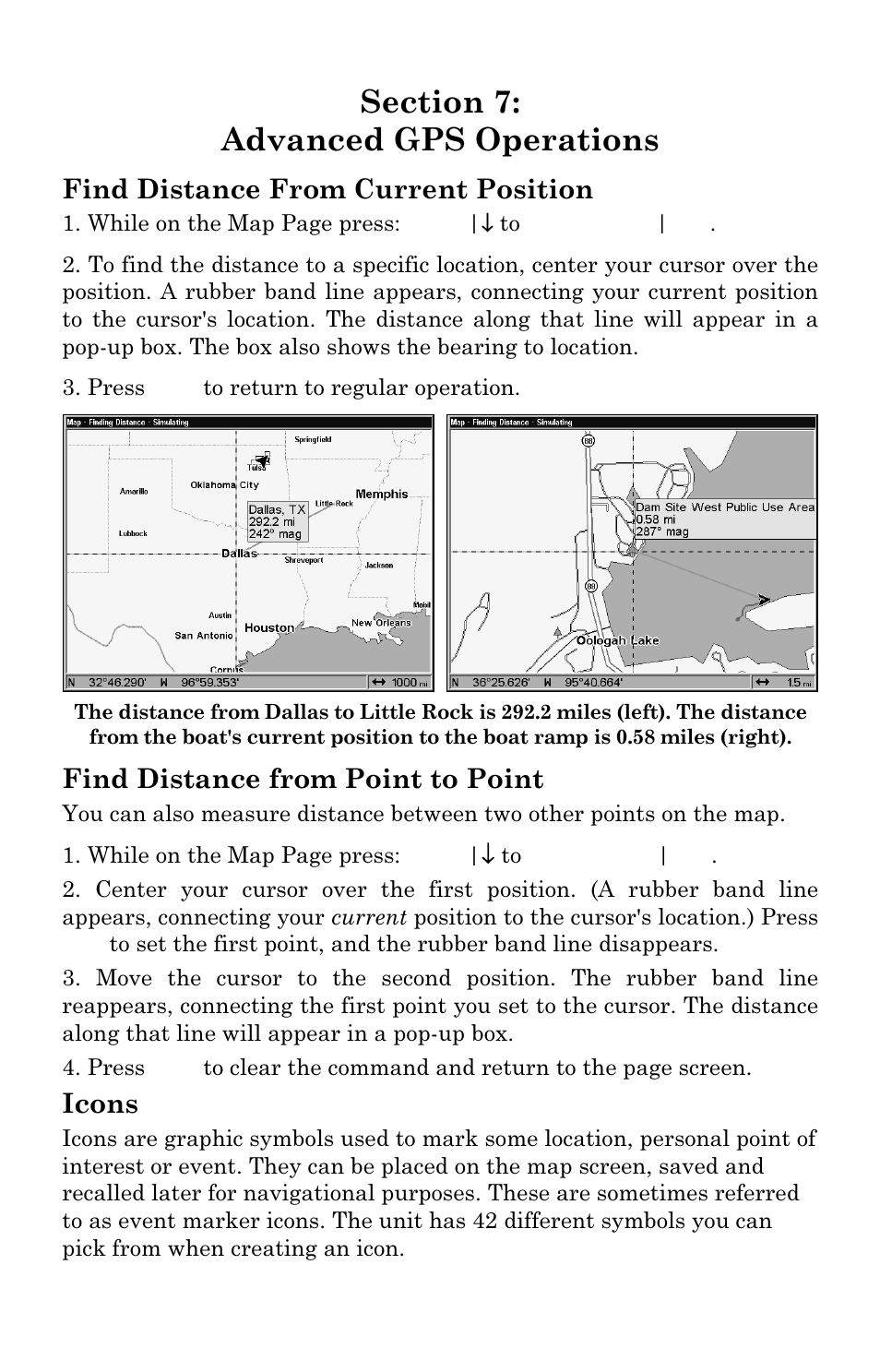 Find distance from current position, Find distance from point to point, Icons | Lowrance electronic LCX-111C User Manual | Page 135 / 208