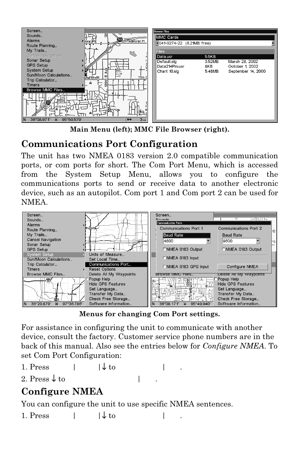Communications port configuration, Configure nmea | Lowrance electronic LCX-111C User Manual | Page 149 / 208