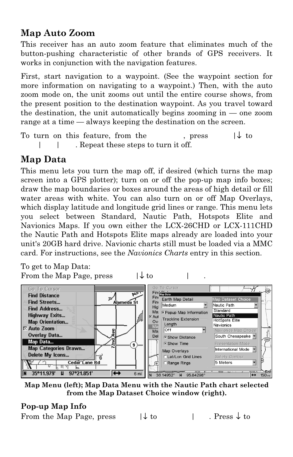Map auto zoom, Map data | Lowrance electronic LCX-111C User Manual | Page 156 / 208