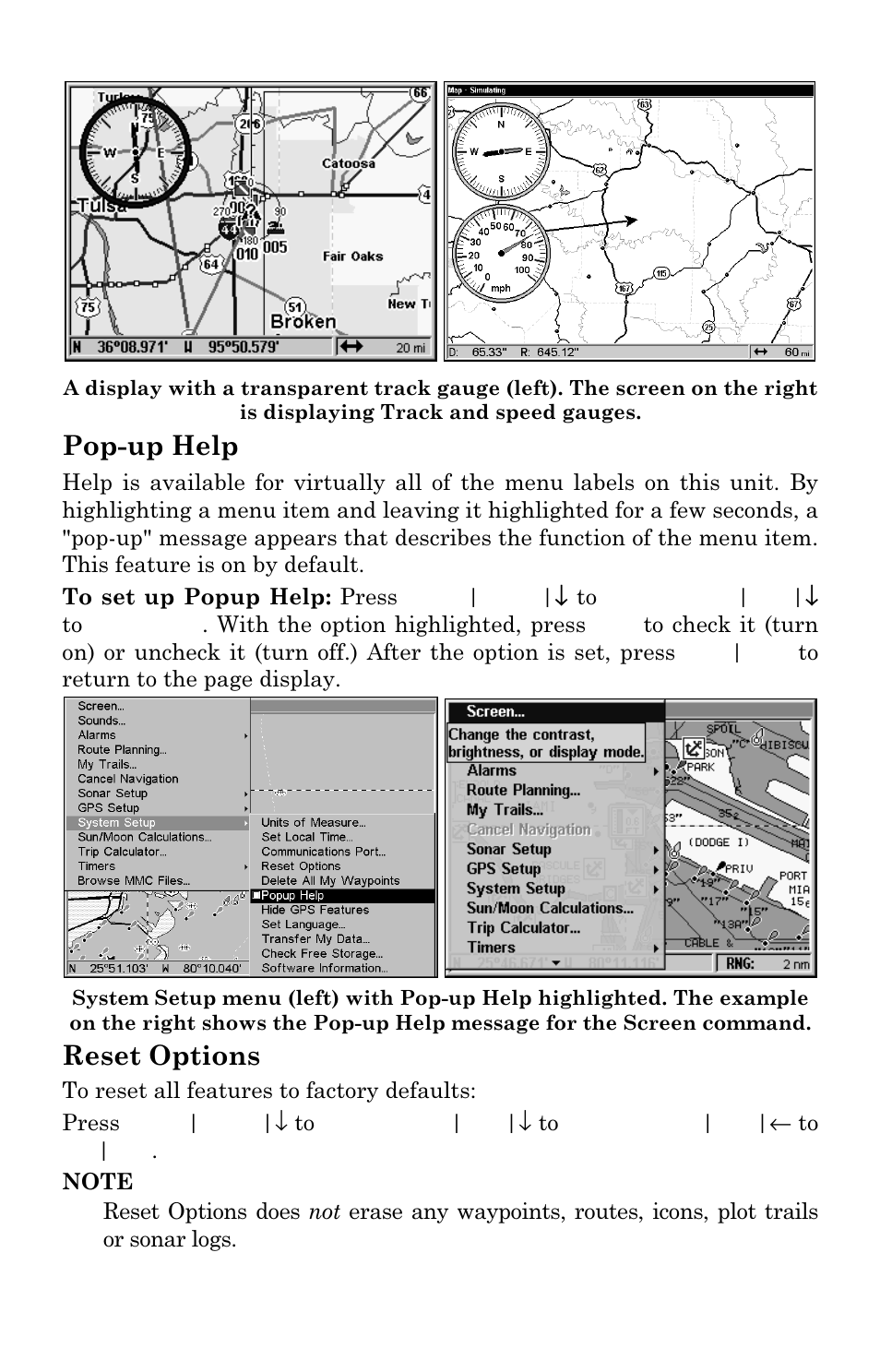 Pop-up help, Reset options | Lowrance electronic LCX-111C User Manual | Page 172 / 208