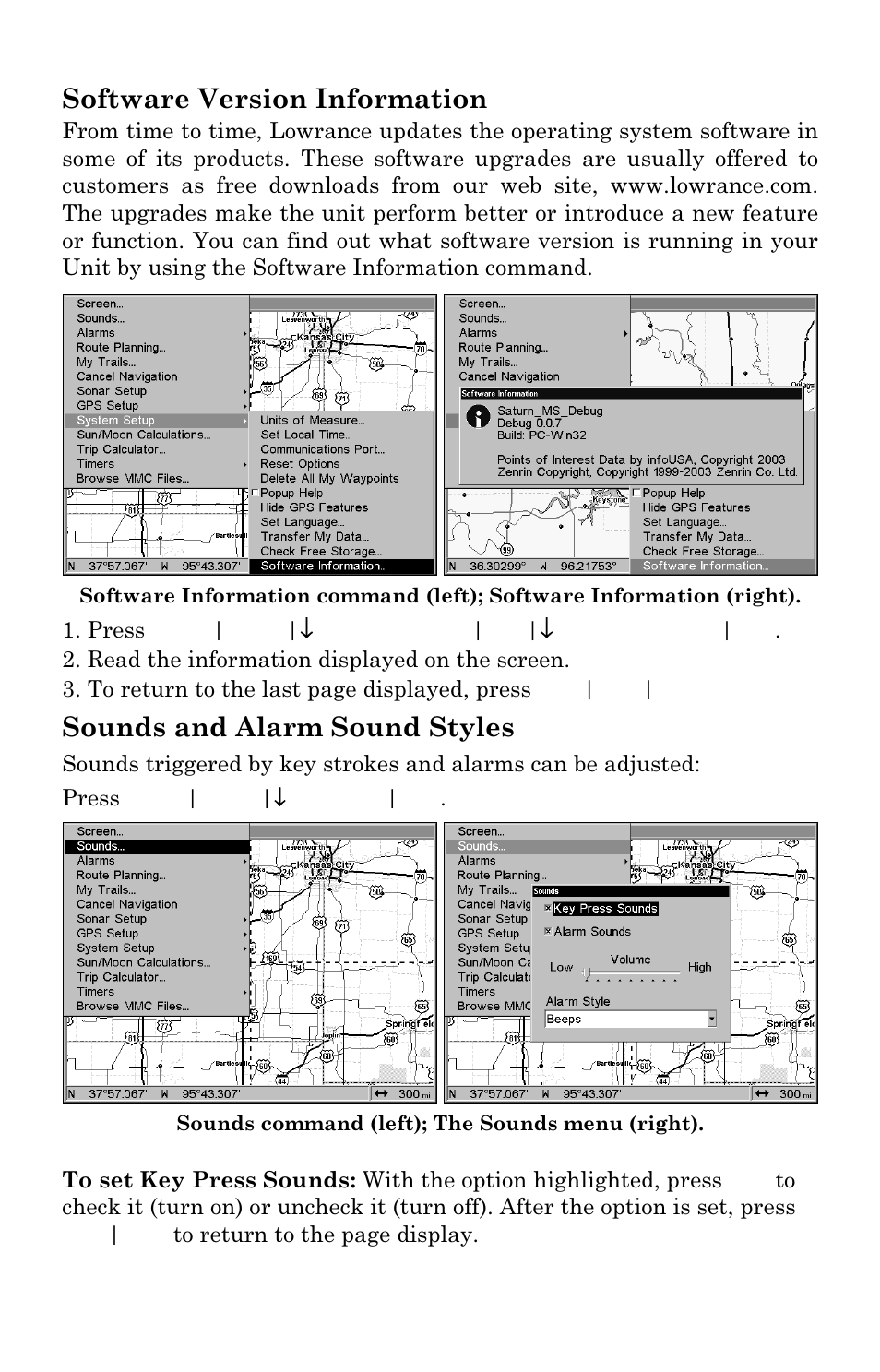 Software version information, Sounds and alarm sound styles | Lowrance electronic LCX-111C User Manual | Page 176 / 208
